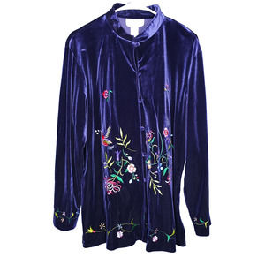Susan Graver Womens Purple Velour Embroidered Large Sweater Top Floral Bird